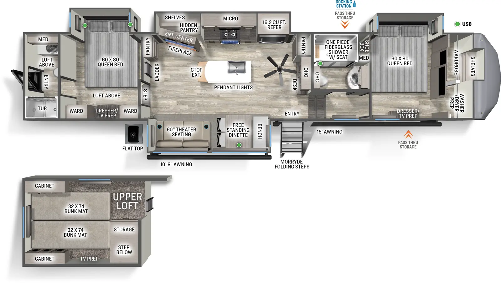 The Sierra Fifth Wheels 4002FB floorplan has two entries and four slide outs. Exterior features include: fiberglass exterior and 10'8" & 15' awning. Interiors features include: loft, kitchen island, free-standing dinette option, front bedroom, two bedrooms, rear bathroom and two full bathrooms.